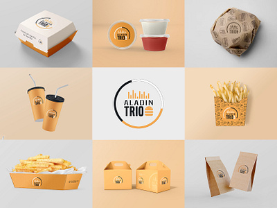 Fast Food Restaurant logo Design Aladin Trio|| Aligfx5 aladin logo aligfx5 arabic calligraphy arabic logo at logo branding fast food logo food logo food packaging design graphic design kings production logo yellow logo