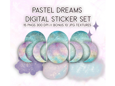 Pastel Dreams Digital Sticker Set celestial clipart clouds digital sticker handdrawn illustration midnight moon pastel