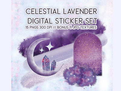 Celestial Lavender Sticker brush stroke celestial clipart clouds glitter handdrawn lavender lavender color lilac moons stars sticker sublimation