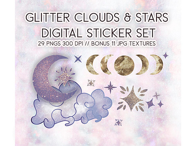 Glitter Clouds & Stars Sticker cloud clouds crescent moon full moon glitter gold moon stars sticker textures