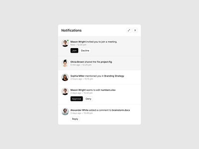 Notification modal added a comment approve decline deny design exploration figma invite you to join join mentioned you notification modal notifications notis product design reply shared the file ui ux wants to edit web web design