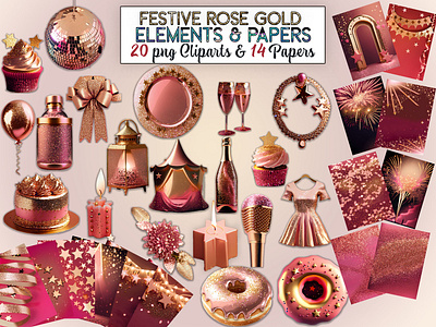 Festive Rose Gold Elements & Papers anniversary celebration clipart festive glitter party party clipart party paper rose gold sublimation