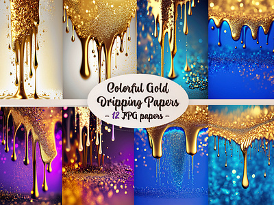 Colorful Gold Dripping Papers blue colorful digital paper dreamy dripping gold fantasy gold liquid gold purple wallpaper white