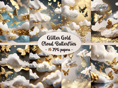 Glitter Gold Cloud Butterflies butterflies cloud digital paper glitter gold sublimation wallpaper