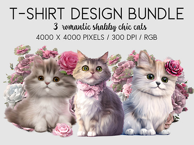Cat T-Shirt Designs bundle cat cat lover clipart floral floral cat flowers print on demand romantic shabby chic sublimation t shirt