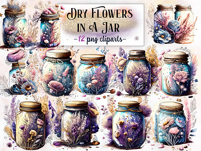 Dry Flowers in a Jar Cliparts clipart dry flowers fantasy floral floral jar flowes jar sublimation