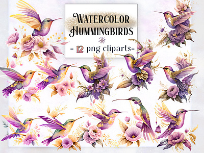 Watercolor Hummingbirds Cliparts clipart fantasy hummingbird spring spring sublimation sublimation watercolor