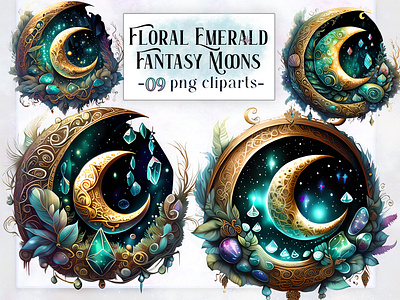 Floral Emerald Fantasy Moons bejeweled bejeweled clipart clipart crescent moon emerald fantasy fantasy moon floral green moon sublimation