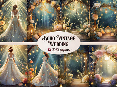 Boho Vintage Wedding Papers boho dreamy fairy lights floral pritnable vintage wallpaper wedding wedding papers wedding sublimation wedding wallpaper