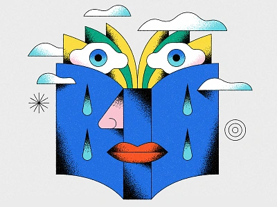 👁️ 📖 👁️ abstract blue book clouds design eyes face flat geometric grain human illustration linework minimal pink portrait sad surreal texture vector