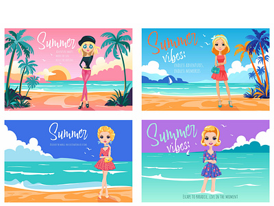 Girl on the tropical beach character girl illust illustration poster summer travel vacation vector
