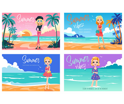 Girl on the tropical beach character girl illust illustration poster summer travel vacation vector