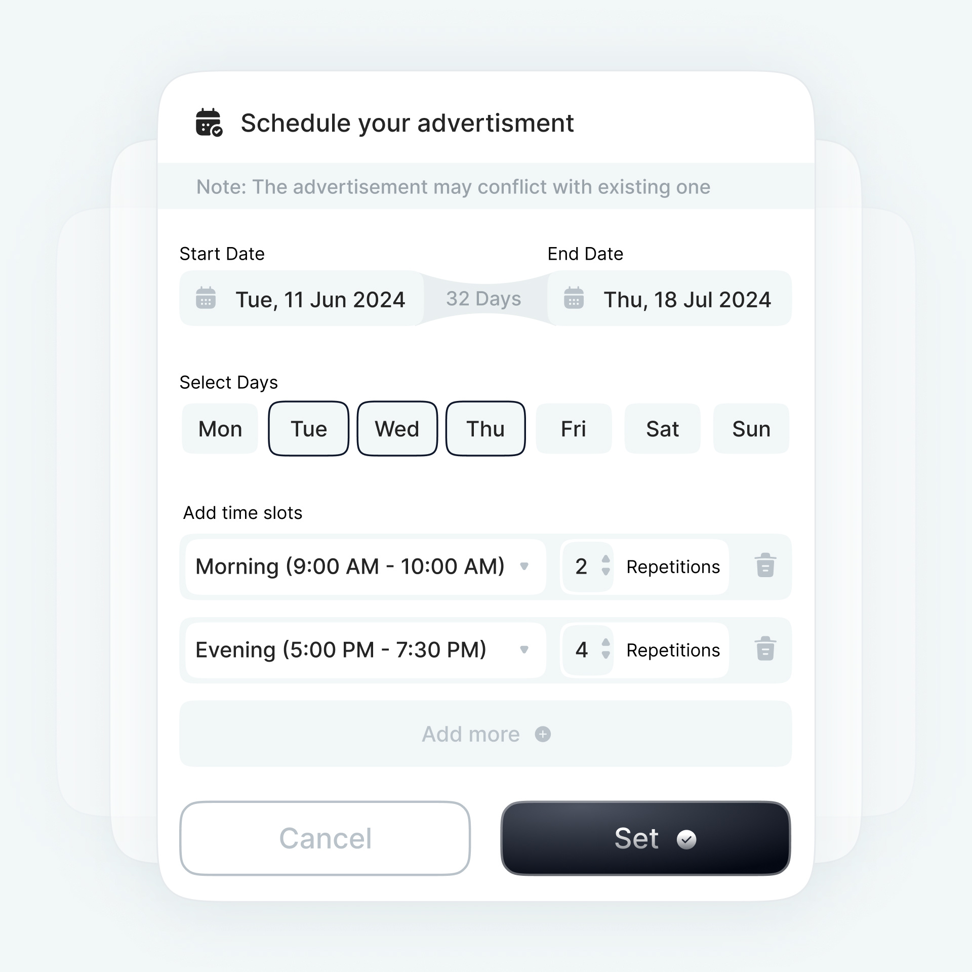 Advertisement Scheduler advertisement components elements figma lightmode minimal productdesign saas scheduler sleek ui ux webapp
