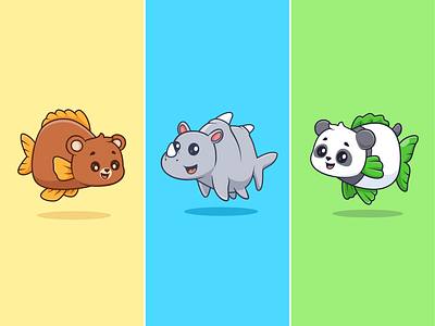 Fish🐻🦏🐼 animal aquarium bear body branding cute doodle fish icon illustration logo panda pet rhino sea swimming vector water wild