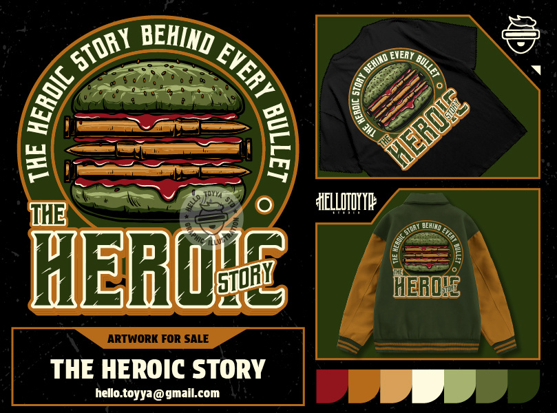 (DESIGN FOR SALE) Burger "The Heroic Story" T-shirt illustration apparel design artwork artwork for sale branding burger illustration clothing custom artwork daily artist designforsale graphic design illustration logo merchandise design print product design trend design tshirt design tshirt designer typography design vintage