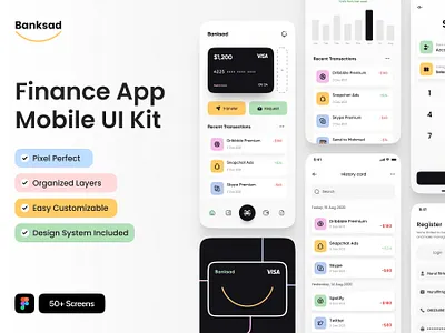Banksad - Finance Mobile App UI Kit app bank finance fintech log in mobile money page profile receive sign in statistic stats transaction transfer ui ui kit wallet