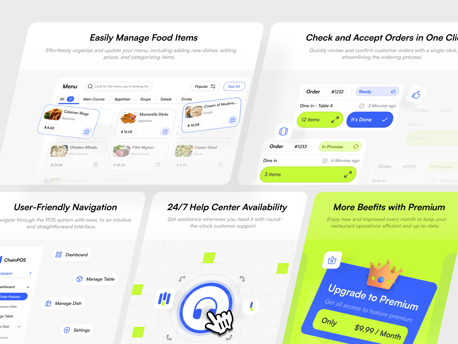 Bento on Features Section - POS Website bento blue cashier feature section features fnb green illustration landing page layout order food pos saas section ui ui element ux web web design website