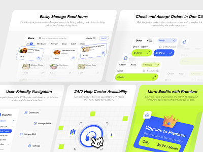 Bento on Features Section - POS Website bento blue cashier feature section features fnb green illustration landing page layout order food pos saas section ui ui element ux web web design website