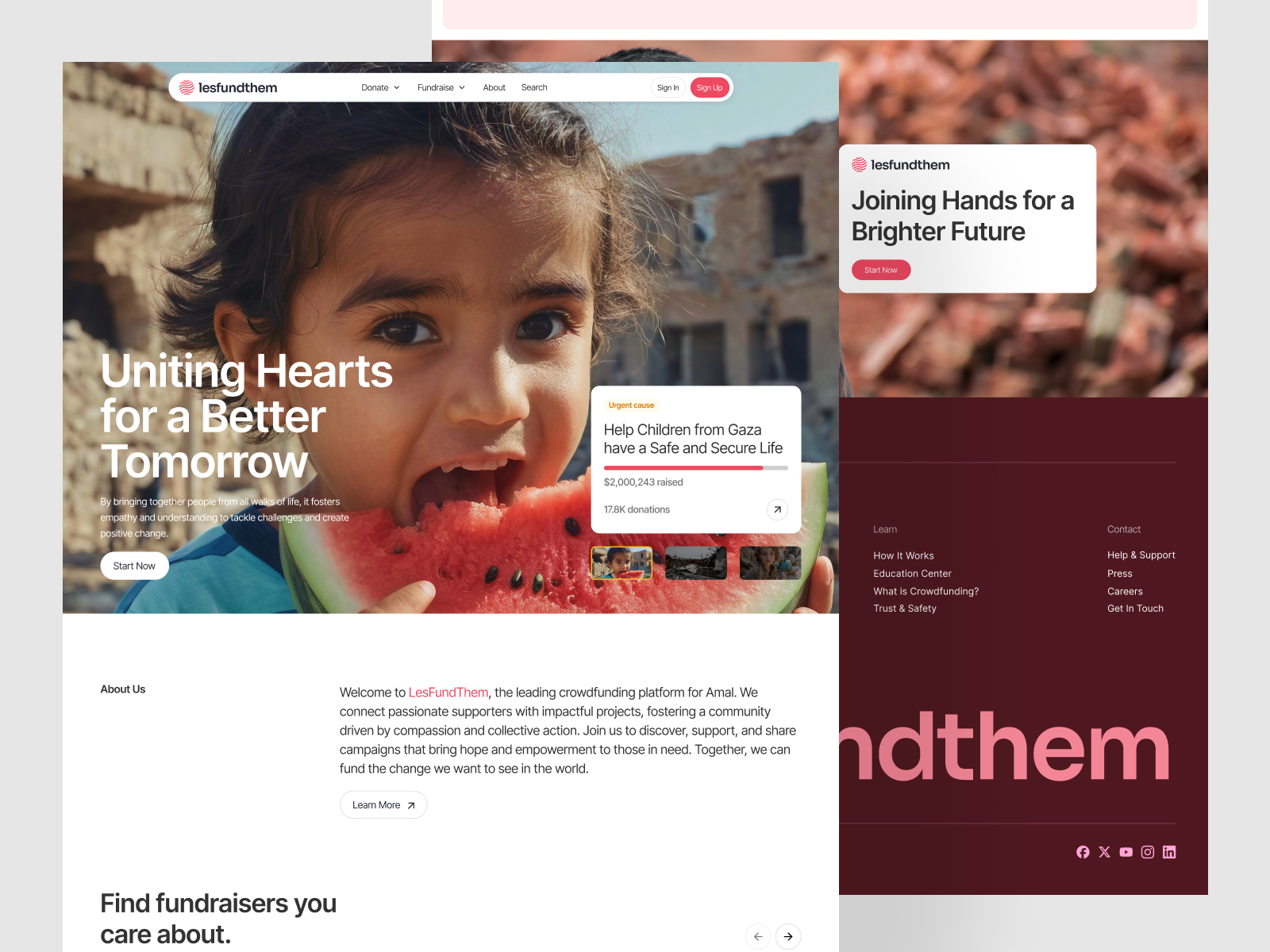 Lesfundthem - Crowdfunding Landing Page blog ceasefire charity clean crowdfunding finance free palestine funding fundraising hero section home page human landing page palestine saas social app ui ux watermelon web design website