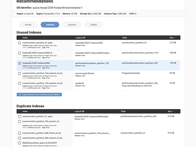 OtterTune: Unused & Duplicate Indexes app design desktop ux