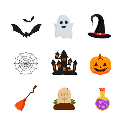 vector flat Halloween element collection on white background black