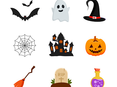 vector flat Halloween element collection on white background black
