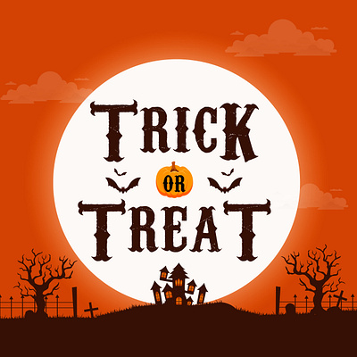 Vector trick or treat lettering with scary house and cemetery ghost
