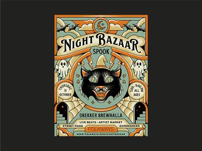 Night Bazaar Spook: Poster Illustration branding cat editorial event geometric ghost hallowen illustration line lineart logo merch monoline moon night bazaar poster poster event poster illustration spook tattoo