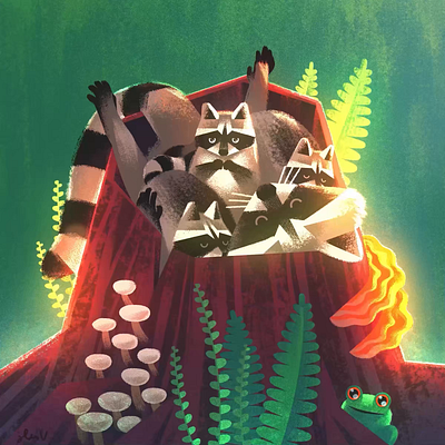 Let's take a nap ✨ animals animation chill forest illustration motion graphics nap nature raccoon