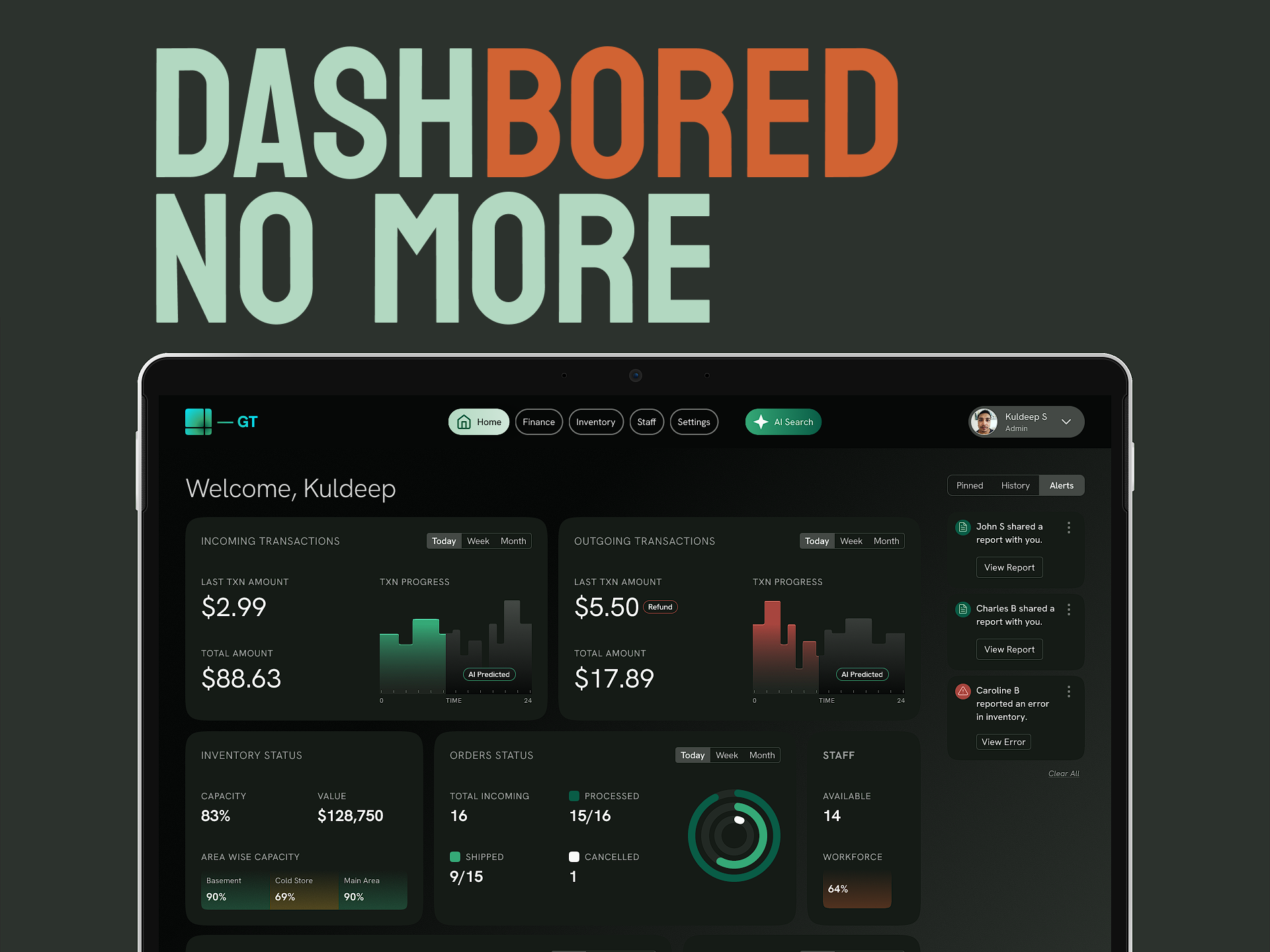 DashGT - AI Powered Dashboard b2b b2c dark theme dashboard figma finance homepage inspiration inventory management merchant shipping staff ui ux web application