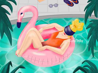 Pool Day and Flamingo character design design digital portrait drawing challenge female illustrator flamingo hand drawn holiday illustration pool day procreate summer