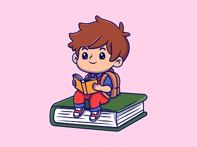 Cute Boy Reading Book books boy branding character cute design education happy illustration illustration art knowledge mobile app reading reading app school student study ui vector web