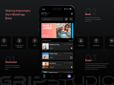 GripStudio: Book Fitness Classes Instantly! fitnessapp fitnessjourney graphicdesign gripstudio healthyliving instantbookings ui uiux ux workoutgoals