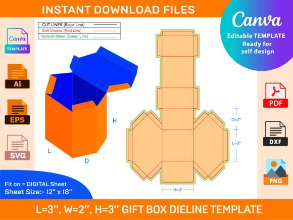 Gift Box L3xD2xH3 Inch Dieline Template