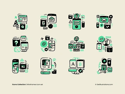 Wireframe icons application browser cartoon doogle duo tone figma flat hand drawn icon set icons ilcons illustrations mobile screen ui design ui ux user interface vector website wireframe