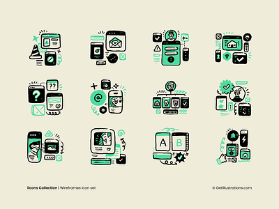 Wireframe icons application browser cartoon doogle duo tone figma flat hand drawn icon set icons ilcons illustrations mobile screen ui design ui ux user interface vector website wireframe