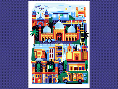 Lahore Travel Poster art cityscape flat design illustration lahore map pakistan poster print scene skyline travel