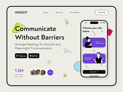 Booking an Interpreter Landing page | iNSIGHT ai app landing page booking meetings communication deaf footer graphic design hard of hearing icon illustration landing page mobile application mobile screen select role sign language testimonials ux ui