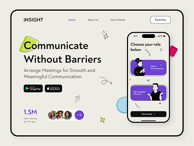 Landing page | iNSIGHT ai app landing page booking meetings communication deaf footer graphic design hard of hearing icon illustration landing page mobile application mobile screen select role sign language testimonials ux ui