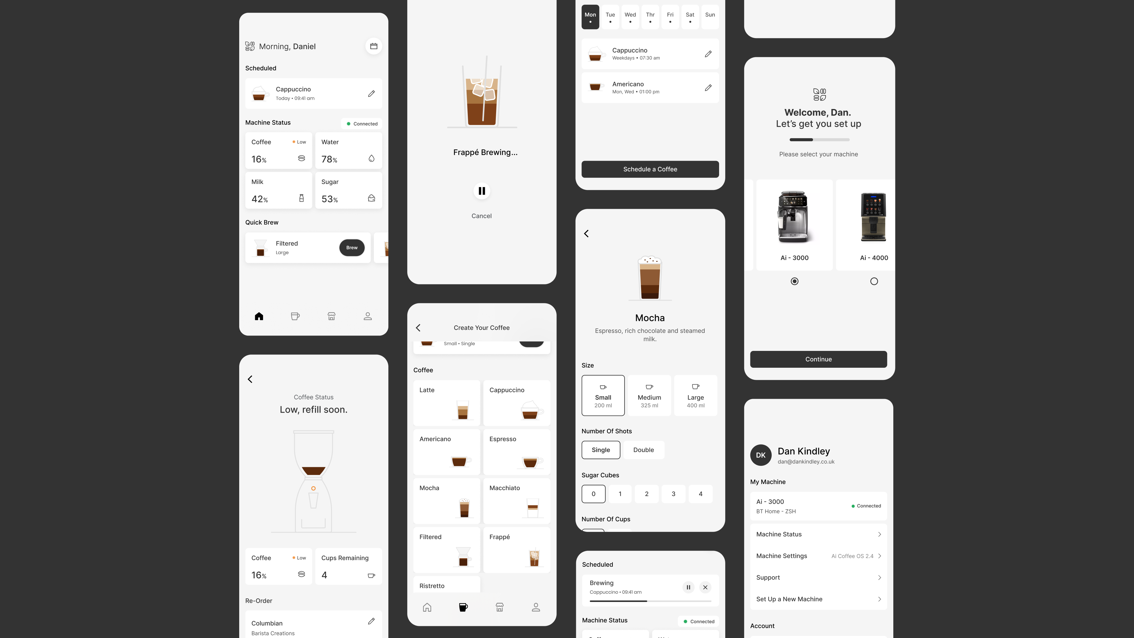 Aromify Coffee App animation branding coffee dan kindley figma iconography illustration iot mobile app product design prototype smart app ui user experience
