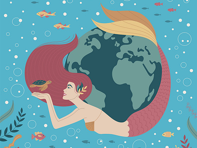 A woman mermaid, in flat art style, Planet Earth. 2d animation character design eco fish flat art girl green illustration illustrator magic mermaid motion graphics ocean planet earth turtle underwater vector woman