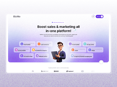 BizMe (Landing Page) - Design Concept aiautomation bizme contentcreation digitalmarketing figmadesign marketingtools uiux