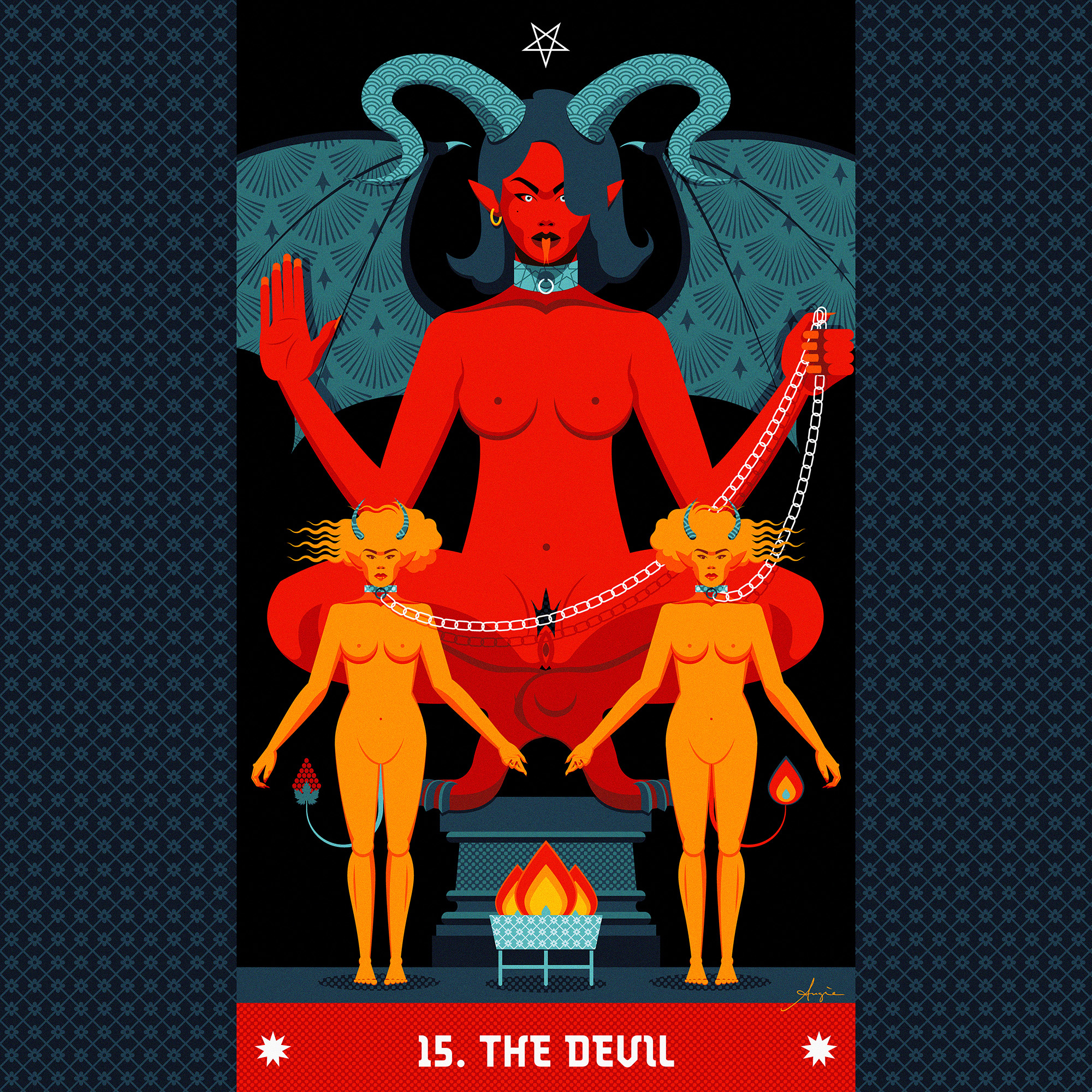 Tarot card #15: The Devil adobe illustrator art blue cards contrast daily art deck devil flat design illustration nude nudity orange red tarot vector vector illustration woman yellow