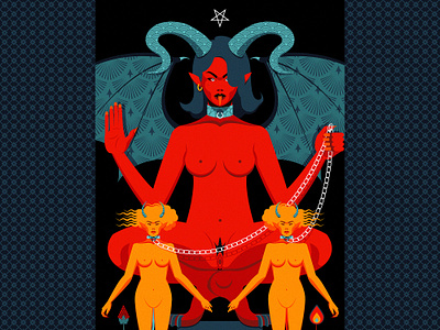 Tarot card #15: The Devil adobe illustrator art blue cards contrast daily art deck devil flat design illustration nude nudity orange red tarot vector vector illustration woman yellow