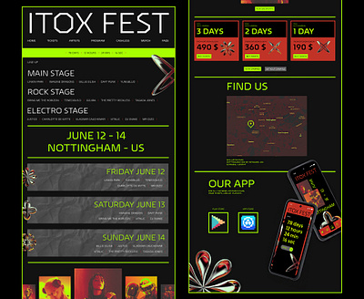 ITOX fest landing page 3d app mobile brutalism direction artistique event festival figma graphic design homepage landing page modern music neon ui uiux webdesign