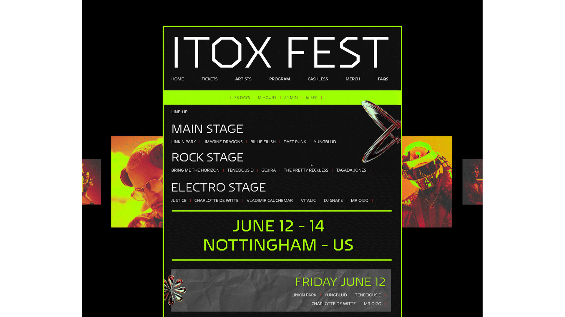 ITOX fest landing page 3d app mobile branding brutalism direction artistique festival figma graphic design homepage landing page modern music neon ui uiux webdesign