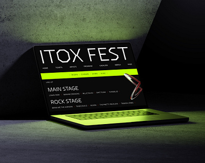 ITOX fest landing page 3d branding brutalism design direction artistique festival figma graphic design homepage landing page modern music neon ui uiux webdesign