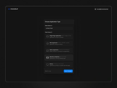 Client Creation Dialog ✨ buttons clean ui client create dark mode dark ui dialog modal onboarding onboarding ui popup