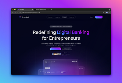 Landing Page Fintech Digital Banking credit card digital banking gradient hero section landing page pink purple saas startup ui design