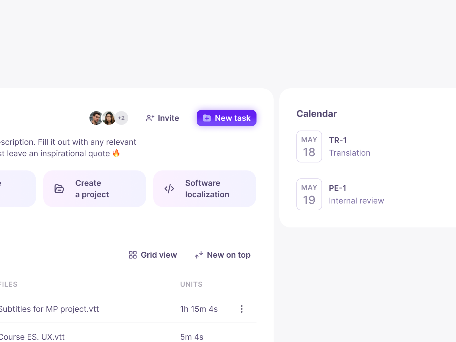 Invitation and new task creation animation animation app avatar button calendar checkbox cloud dropdown grid invite list motion graphics saas shadow table tasks translation ui user userpic
